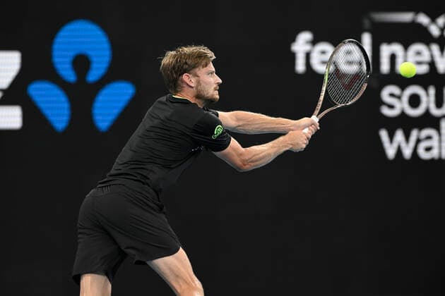 13th January 2022: Ken Rosewall Arena, Sydney Olympic Park, Sydney, Australia; Sydney Tennis Classic, Day 5: David Goffin of Belgium reaches to return service to Andy Murray of Great Britain  ActionPlus12355850 NigelxOwen