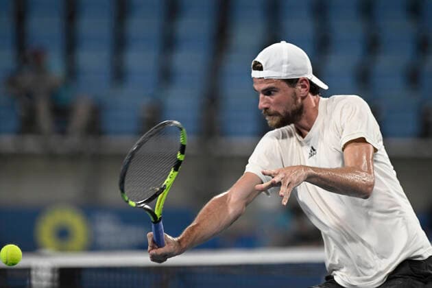 13th January 2022: Ken Rosewall Arena, Sydney Olympic Park, Sydney, Australia; Sydney Tennis Classic, Day 5: Maxime Cressy of USA hits a volley in his match against Daniel Evans of Great Britain  ActionPlus12355904 NigelxOwen