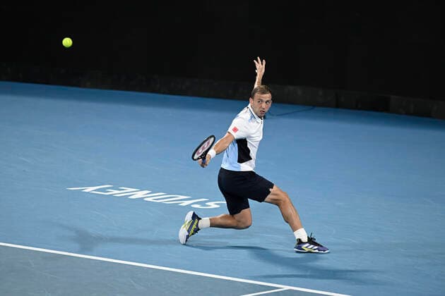 13th January 2022: Ken Rosewall Arena, Sydney Olympic Park, Sydney, Australia; Sydney Tennis Classic, Day 5: Daniel Evans of Great Britain hits a backhand to Maxime Cressy of USA  ActionPlus12355936 NigelxOwen