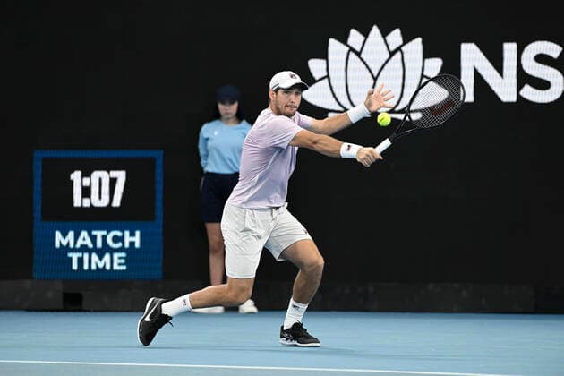 13th January 2022: Ken Rosewall Arena, Sydney Olympic Park, Sydney, Australia; Sydney Tennis Classic, Day 5: Dusan Lajovic of Serbia hits a backhand to Maxime Cressy of USA  ActionPlus12355823 NigelxOwen