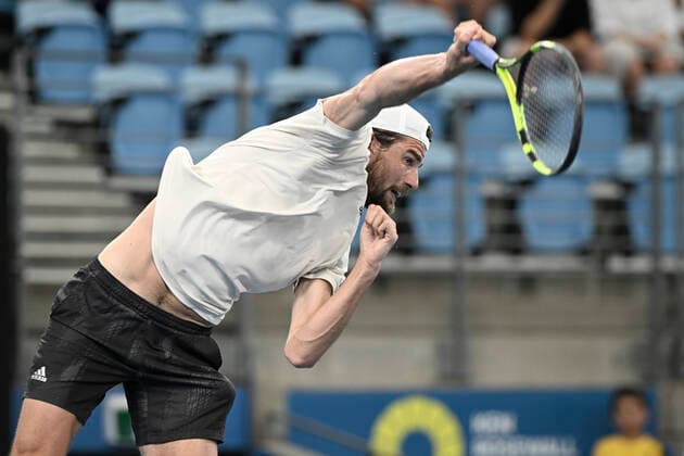 13th January 2022: Ken Rosewall Arena, Sydney Olympic Park, Sydney, Australia; Sydney Tennis Classic, Day 5: Maxime Cressy of USA follows through on his serve in his match against Dusan Lajovic of Serbia  ActionPlus12355825 NigelxOwen