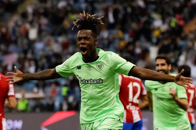 Sport Bilder des Tages Athletic s striker Nico Williams celebrates after scoring the 1-2 during the Spanish Super Cup second semifinal soccer match between Atletico Madrid and Athletic Club Bilbao held at King Fahd stadium in Riyadh (Saudi Arabia), 13 January 2022. Atletico Madrid vs Athletic Club Bilbao !ACHTUNG: NUR REDAKTIONELLE NUTZUNG!  Copyright: xJulioxMunozx GRAF9475 20220113-bb9eb32ab39416287738220663b87fc85dfbabcb
