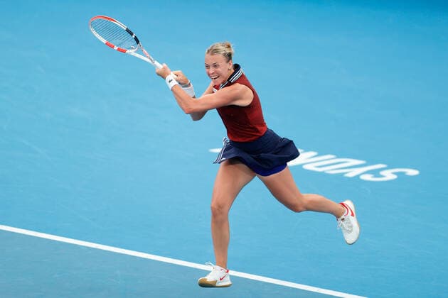 Anett Kontaveit of Estonia plays a backhand against Barbora Krejcikova of Czech Republic during the WomenÕs Semi Final at the Sydney Tennis Classic 2022 at Sydney Olympic Park Tennis Centre, Sydney, Australia on 14 January 2022. Copyright: xPeterxDovganx 30470585