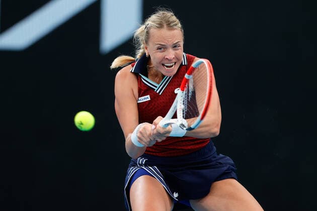 Anett Kontaveit of Estonia plays a backhand against Barbora Krejcikova of Czech Republic during the WomenÕs Semi Final at the Sydney Tennis Classic 2022 at Sydney Olympic Park Tennis Centre, Sydney, Australia on 14 January 2022. Copyright: xPeterxDovganx 30470567