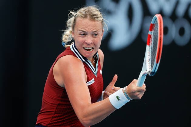 Anett Kontaveit of Estonia plays a backhand against Barbora Krejcikova of Czech Republic during the WomenÕs Semi Final at the Sydney Tennis Classic 2022 at Sydney Olympic Park Tennis Centre, Sydney, Australia on 14 January 2022. Copyright: xPeterxDovganx 30470577