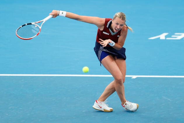 Anett Kontaveit of Estonia plays a backhand slice against Barbora Krejcikova of Czech Republic during the WomenÕs Semi Final at the Sydney Tennis Classic 2022 at Sydney Olympic Park Tennis Centre, Sydney, Australia on 14 January 2022. Copyright: xPeterxDovganx 30470579
