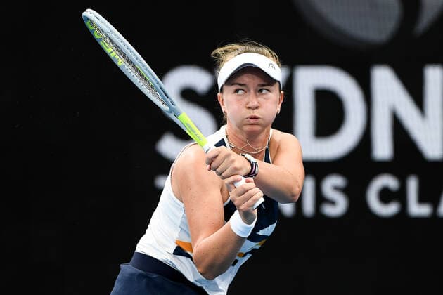 SYDNEY, AUSTRALIA - JANUARY 14: Barbora Krejcikova of the Czech Republic plays a backhand during the Sydney Classic Tennis match between Barbora Krejcikova of the Czech Republic and Anett Kontaveit of Estonia at Ken Rosewall Arena on January 14, 2022 in Sydney, Australia. (Photo by Steven Markham Icon Sportswire) TENNIS: JAN 14 Sydney Classic Icon2201140011