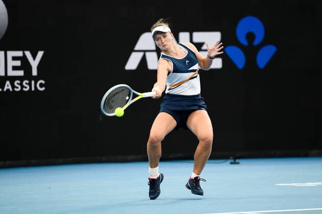 SYDNEY, AUSTRALIA - JANUARY 14: Barbora Krejcikova of the Czech Republic plays a forehand during the Sydney Classic Tennis match between Barbora Krejcikova of the Czech Republic and Anett Kontaveit of Estonia at Ken Rosewall Arena on January 14, 2022 in Sydney, Australia. (Photo by Steven Markham Icon Sportswire) TENNIS: JAN 14 Sydney Classic Icon2201140019