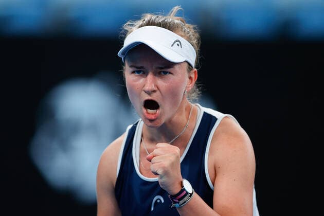 Barbora Krejcikova of Czech Republic pumps her fist against Anett Kontaveit of Estonia during the WomenÕs Semi Final at the Sydney Tennis Classic 2022 at Sydney Olympic Park Tennis Centre, Sydney, Australia on 14 January 2022. Copyright: xPeterxDovganx 30470593