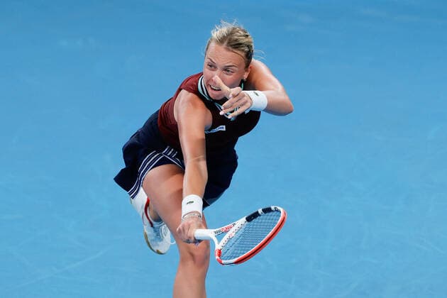 Anett Kontaveit of Estonia plays a backhand against Barbora Krejcikova of Czech Republic during the WomenÕs Semi Final at the Sydney Tennis Classic 2022 at Sydney Olympic Park Tennis Centre, Sydney, Australia on 14 January 2022. Copyright: xPeterxDovganx 30470595