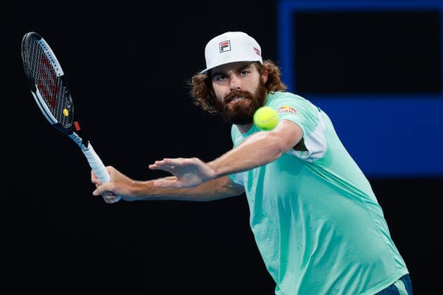 Reilly Opelka of USA plays a forehand against Andy Murray of Great Britain during the MenÕs Semi Final at the Sydney Tennis Classic 2022 at Sydney Olympic Park Tennis Centre, Sydney, Australia on 14 January 2022. Copyright: xPeterxDovganx 30470604