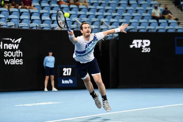 SYDNEY, AUSTRALIA - JANUARY 14: Andy Murray of Great Britain plays a forehand during the Sydney Classic Tennis match between Andy Murray of Great Britain and Reilly Opelka of USA at Ken Rosewall Arena on January 14, 2022 in Sydney, Australia. (Photo by Steven Markham Icon Sportswire) TENNIS: JAN 14 Sydney Classic Icon2201140069