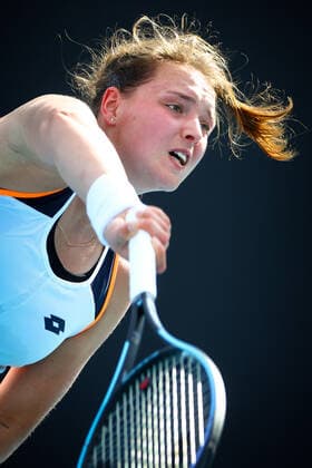 German Jule Niemeier WTA, Tennis Damen 130) pictured in action during a tennis against Dutch Hartono (WTA 191), in the final round of the women s qualifications at of the Australian Open tennis Grand Slam, Friday 14 January 2022 in Melbourne Park, Melbourne, Australia. The 2022 edition of the Australian Grand Slam takes place in the ongoing pandemic. PATRICKxHAMILTON  x3173031x