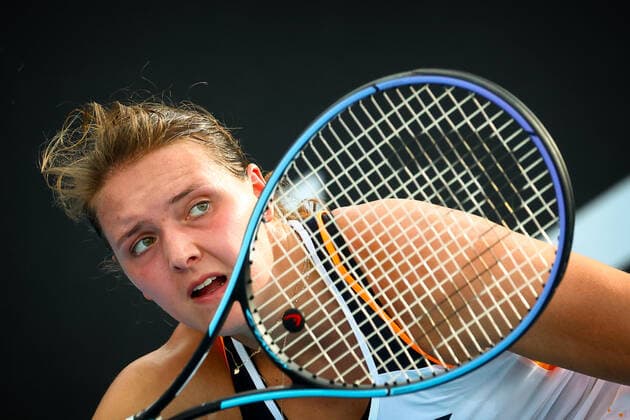 German Jule Niemeier WTA, Tennis Damen 130) pictured in action during a tennis against Dutch Hartono (WTA 191), in the final round of the women s qualifications at of the Australian Open tennis Grand Slam, Friday 14 January 2022 in Melbourne Park, Melbourne, Australia. The 2022 edition of the Australian Grand Slam takes place in the ongoing pandemic. PATRICKxHAMILTON  x3173034x
