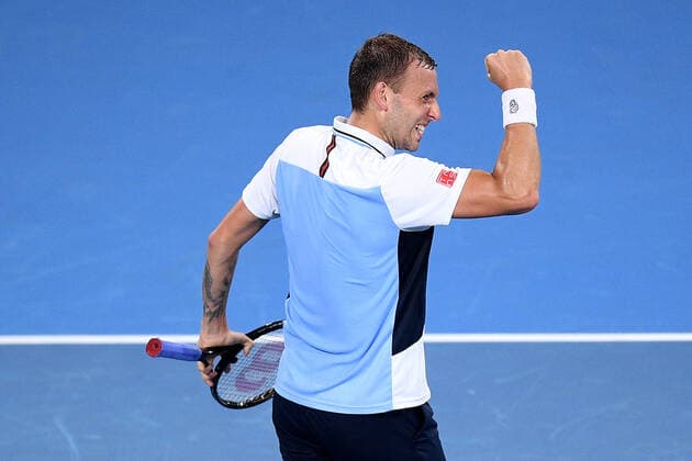 SYDNEY TENNIS CLASSIC, Daniel Evans of Great Britain gestures during his semi final match against Aslan Karatsev of Russia on Day 5 of the Sydney Tennis Classic at Sydney Olympic Park in Sydney, Friday, January 14, 2022. ( NO ARCHIVING, EDITORIAL USE ONLY, NO USE IN BOOKS WITHOUT CONSENT SYDNEY NSW AUSTRALIA  Copyright: xDANxHIMBRECHTSx 20220114001613333235