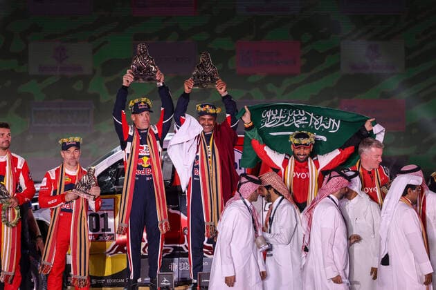 201 Al-Attiyah Nasser (qat), Baumel Batthieu (fra), Toyota Gazoo Racing, Toyota GR DKR Hilux T1+, Auto FIA T1 T2, W2RC, portrait, podium with 211 Loeb Sebastien (fra), Lurquin Fabian (bel), Bahrain Raid Xtreme, BRX Prodrive Hunter T1+, Auto FIA T1 T2, W2RC and 205 Al Rajhi Yazeed (sau), Orr Michael (gbr), Overdrive Toyota, Toyota Hilux Overdrive, Auto FIA T1 T2, W2RC during the Podium Finish of the Dakar Rally 2022, on January 14th 2022 in Jeddah, Saudi Arabia - AUTO - DAKAR 2022 - PODIUM FINISH DPPI Panoramic  JDR55432