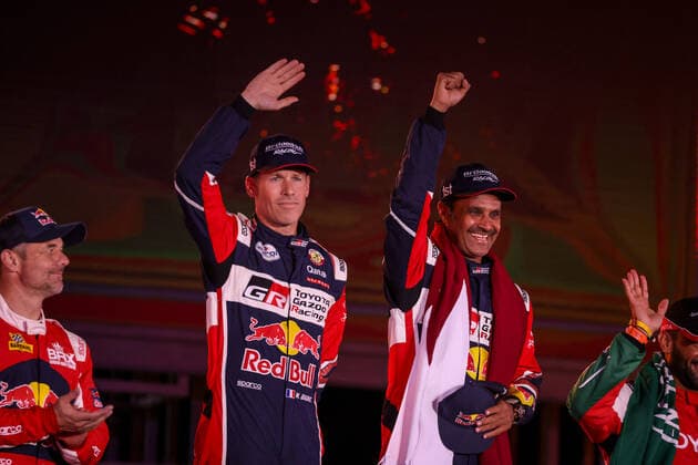 201 Al-Attiyah Nasser (qat), Baumel Batthieu (fra), Toyota Gazoo Racing, Toyota GR DKR Hilux T1+, Auto FIA T1 T2, W2RC, portrait, podium during the Podium Finish of the Dakar Rally 2022, on January 14th 2022 in Jeddah, Saudi Arabia - AUTO - DAKAR 2022 - PODIUM FINISH DPPI Panoramic  FG000440
