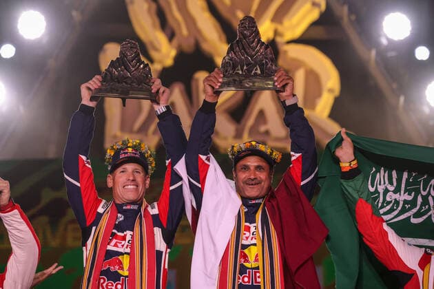 201 Al-Attiyah Nasser (qat), Baumel Batthieu (fra), Toyota Gazoo Racing, Toyota GR DKR Hilux T1+, Auto FIA T1 T2, W2RC, portrait, podium during the Podium Finish of the Dakar Rally 2022, on January 14th 2022 in Jeddah, Saudi Arabia - AUTO - DAKAR 2022 - PODIUM FINISH DPPI Panoramic  20220114_FGOO1649