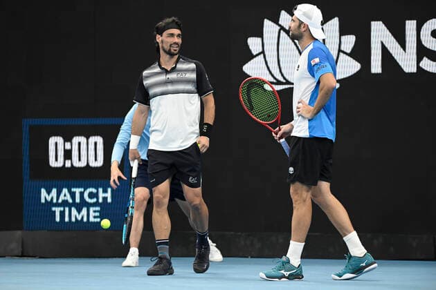 15th January 2022: Ken Rosewall Arena, Sydney Olympic Park, Sydney, Australia; Sydney Tennis Classic, Day 7 Mens Doubles Final: doubles pair Simone Bolelli and Fabio Fognini of Italy discuss tactics in their match against John Peers of Australia and Filip Polasek of Slovakia  ActionPlus12356202 NigelxOwen