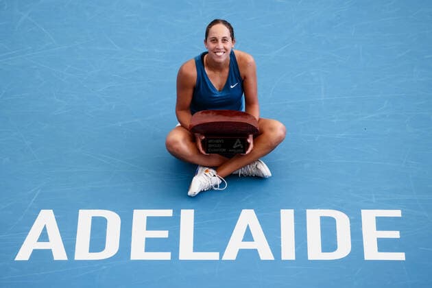 ADELAIDE, AUSTRALIA - JANUARY 15: Madison Keys of United States won the WTA, Tennis Damen finals singles match between Alison Riske of United States and Madison Keys of United States on day seven of the Adelaide International tennis tournament 2 at Memorial Drive on January 15, 2022 in Adelaide, Australia. (Photo by Peter Mundy Speed Media Icon Sportswire) TENNIS: JAN 15 Adelaide International Icon2201150064
