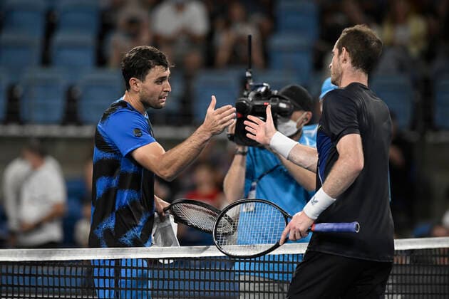 15th January 2022: Ken Rosewall Arena, Sydney Olympic Park, Sydney, Australia; Sydney Tennis Classic, Day 7 Mens Final: Aslan Karatsev of Russia and Andy Murray of Great Britain shake hands at the end of the match which Karatsev won in straight sets  ActionPlus12356334 NigelxOwen