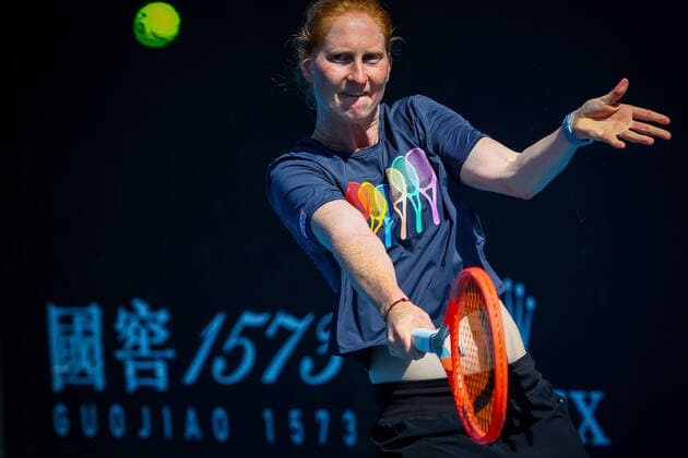 Belgian Alison Van Uytvanck pictured in action during a training session, ahead of the Australian Open Grand Slam tennis tournament, Saturday 15 January 2022 in Melbourne Park, Melbourne, Australia. The 2022 edition of the Australian Grand Slam takes place in the ongoing pandemic. PATRICKxHAMILTON  x3182218x