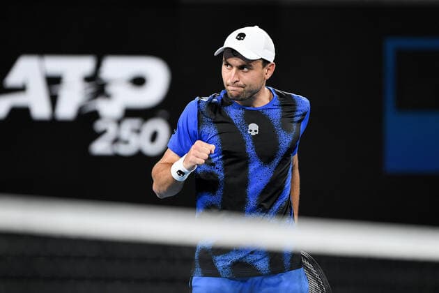 SYDNEY, AUSTRALIA - JANUARY 15: Aslan Karatsev of Russia celebrates winning the Sydney Classic Tennis men s singles final between Andy Murray of Great Britain and Aslan Karatsev of Russia at Ken Rosewall Arena on January 15, 2022 in Sydney, Australia. (Photo by Steven Markham Icon Sportswire) TENNIS: JAN 15 Sydney Classic Icon2201150188