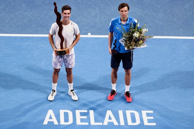 ADELAIDE, AUSTRALIA - JANUARY 15: Thanasi Kokkinakis of Australia wins the ATP, Tennis Herren final singles match between Arthur Rinderknech of France and Thanasi Kokkinakis of Australia on day seven of the Adelaide International tennis tournament 2 at Memorial Drive on January 15, 2022 in Adelaide, Australia. (Photo by Peter Mundy Speed Media Icon Sportswire) TENNIS: JAN 15 Adelaide International Icon2201150164