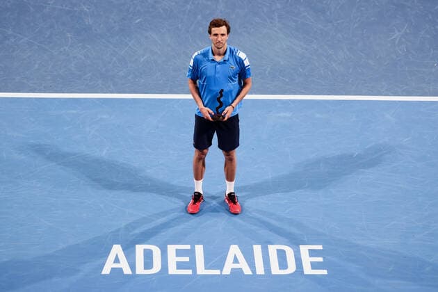 ADELAIDE, AUSTRALIA - JANUARY 15: Arthur Rinderknech of France after Thanasi Kokkinakis of Australia wins the ATP, Tennis Herren final singles match between Arthur Rinderknech of France and Thanasi Kokkinakis of Australia on day seven of the Adelaide International tennis tournament 2 at Memorial Drive on January 15, 2022 in Adelaide, Australia. (Photo by Peter Mundy Speed Media Icon Sportswire) TENNIS: JAN 15 Adelaide International Icon2201150167
