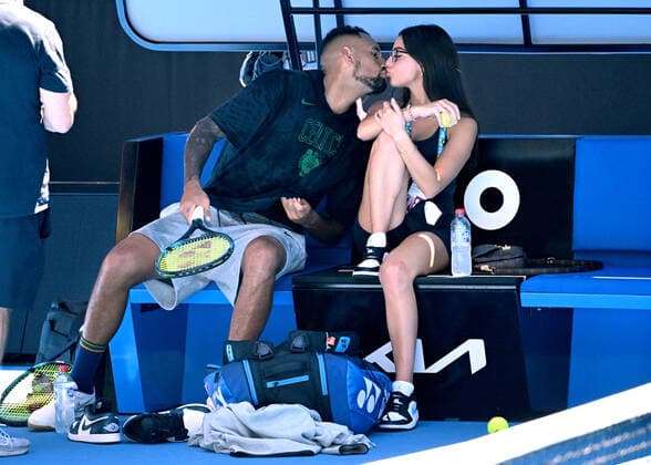 TENNIS AUSTRALIAN OPEN PRACTICE, Nick Kyrgios of Australia kisses girlfriend Costeen Hatzi during a practice session ahead of the Australian Open, at Melbourne Park in Melbourne, Sunday, January 16, 2022. ( NO ARCHIVING, EDITORIAL USE ONLY, NO USE IN BOOKS WITHOUT CONSENT MELBOURNE VIC AUSTRALIA  Copyright: xDAVExHUNTx 20220116001613833203