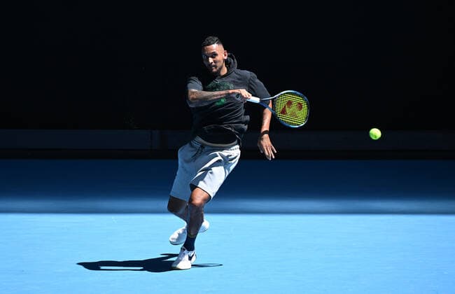 TENNIS AUSTRALIAN OPEN PRACTICE, Nick Kyrgios of Australia returns during a practice session ahead of the Australian Open, at Melbourne Park in Melbourne, Sunday, January 16, 2022. ( NO ARCHIVING, EDITORIAL USE ONLY, NO USE IN BOOKS WITHOUT CONSENT MELBOURNE VIC AUSTRALIA  Copyright: xDAVExHUNTx 20220116001613840051
