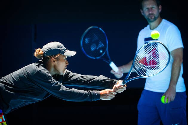 Japanese Naomi Osaka and Osaka s coach Wim Fissette pictured during a training session, ahead of the Australian Open Grand Slam tennis tournament, Sunday 16 January 2022 in Melbourne Park, Melbourne, Australia. The 2022 edition of the Australian Grand Slam takes place in the ongoing pandemic. PATRICKxHAMILTON  x3285791x