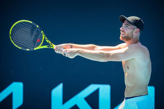 French Adrian Mannarino pictured during a training session, ahead of the Australian Open Grand Slam tennis tournament, Sunday 16 January 2022 in Melbourne Park, Melbourne, Australia. The 2022 edition of the Australian Grand Slam takes place in the ongoing pandemic. PATRICKxHAMILTON  x3285933x