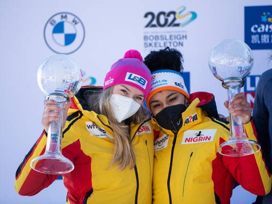 Laura Nolte, Deborah Levi Germany, BSC Winterberg on the podium for 2nd place in the overall World Cup, CH, IBSF World Cup and European Championship, St Moritz two-man bobsleigh women, 16 01 2022, season 2021 2022 CH, IBSF World Cup and European Championship, St Moritz two-man bobsleigh women, 16 01 2022, season 2021 2022 Copyright: xEibner Memmlerx EP_MMR
