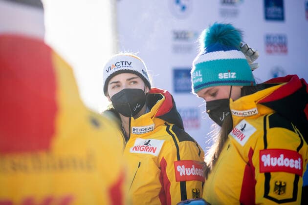 Kim Kalicki, Lisa Buckwitz Germany during interview, CH, IBSF World Cup and European Championship, St Moritz two-man bob women, 16 01 2022, season 2021 2022 CH, IBSF World Cup and European Championship, St Moritz two-man bob women, 16 01 2022, season 2021 2022 Copyright: xEibner Memmlerx EP_MMR