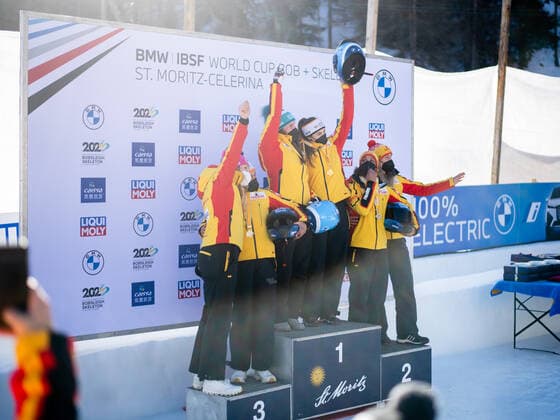 Podium with Laura Nolte, Deborah Levi Germany, BSC Winterberg , Kim Kalicki, Lisa Buckwitz Germany , Mariama Jamanka, Kira Lipperheide Germany at the German triple victory, CH, IBSF World Cup and European Championship, St Moritz two-man bobsleigh women, 16 01 2022, season 2021 2022 CH, IBSF World Cup and European Championship, St Moritz two-man bobsleigh women, 16 01 2022, season 2021 2022 Copyright: xEibner Memmlerx EP_MMR