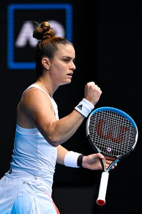 TENNIS AUSTRALIAN OPEN, Maria Sakkari of Greece reacts after winning the first set during her first Round Women s singles match match against Tatjana Maria of Germany on Day 1 of the Australian Open, at Melbourne Park, in Melbourne, Monday, January 17, 2022. ( NO ARCHIVING, EDITORIAL USE ONLY, NO USE IN BOOKS WITHOUT CONSENT MELBOURNE VIC AUSTRALIA  Copyright: xDAVExHUNTx 20220117001614082237