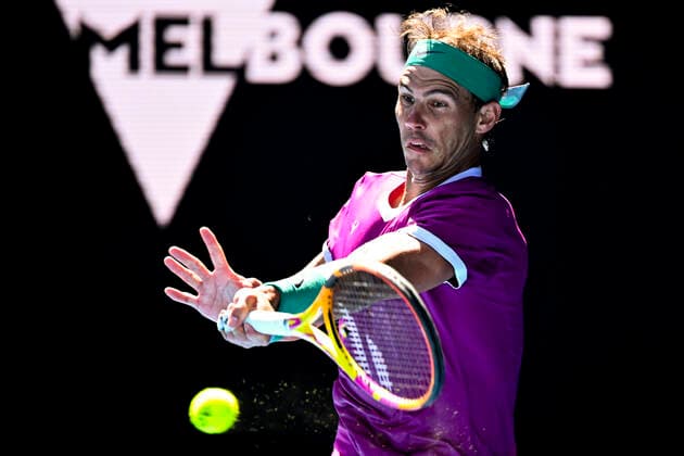 TENNIS AUSTRALIAN OPEN, Rafael Nadal of Spain plays a shot during his first Round Men s singles match against Marcos Giron of the United States on Day 1 of the Australian Open, at Melbourne Park, in Melbourne, Monday, January 17, 2022. ( NO ARCHIVING, EDITORIAL USE ONLY, NO USE IN BOOKS WITHOUT CONSENT MELBOURNE VIC AUSTRALIA  Copyright: xDAVExHUNTx 20220117001614139191