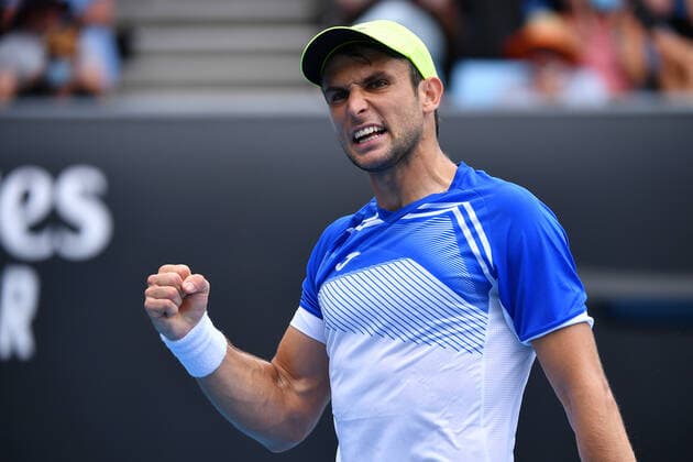 TENNIS AUSTRALIAN OPEN, Aleksandar Vukic of Australia reacts during their Mens singles match against Llyod Harris of South Africa on Day 1 of the Australian Open tennis tournament, at Melbourne Park, in Melbourne, Monday, January 17, 2022. ( NO ARCHIVING, EDITORIAL USE ONLY, NO USE IN BOOKS WITHOUT CONSENT MELBOURNE VIC AUSTRALIA  Copyright: xJAMESxROSSx 0147945310st
