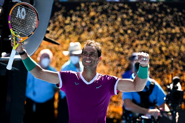 TENNIS AUSTRALIAN OPEN, Rafael Nadal of Spain celebrates after winning his first Round Men s singles match against Marcos Giron of the United States on Day 1 of the Australian Open, at Melbourne Park, in Melbourne, Monday, January 17, 2022. ( NO ARCHIVING, EDITORIAL USE ONLY, NO USE IN BOOKS WITHOUT CONSENT MELBOURNE VIC AUSTRALIA  Copyright: xDAVExHUNTx 20220117001614147534