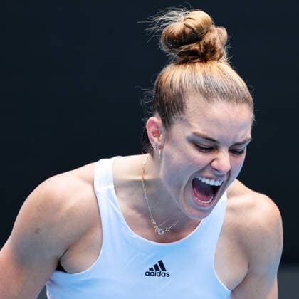 January 17, 2022: 5th seed MARIA SAKKARI (GRE) reacts after playing a point against TATJANA MARIA (GER) on Rod Laver Arena in a Women s Singles 1st round match on day 1 of the 2022 Australian Open in Melbourne, Australia. Cal Media USA - ZUMAc04_ 20220117_zaf_c04_016 Copyright: xSydneyxLowx