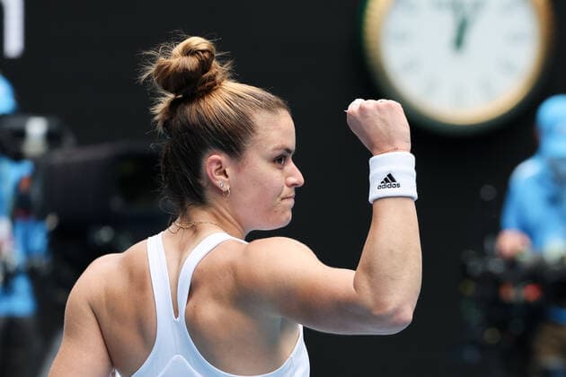 January 17, 2022: 5th seed MARIA SAKKARI (GRE) celebrates after defeating TATJANA MARIA (GER) on Rod Laver Arena in a Women s Singles 1st round match on day 1 of the 2022 Australian Open in Melbourne, Australia. Cal Media USA - ZUMAc04_ 20220117_zaf_c04_021 Copyright: xSydneyxLowx