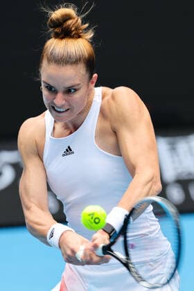 January 17, 2022: 5th seed MARIA SAKKARI (GRE) in action against TATJANA MARIA (GER) on Rod Laver Arena in a Women s Singles 1st round match on day 1 of the 2022 Australian Open in Melbourne, Australia. Cal Media USA - ZUMAc04_ 20220117_zaf_c04_028 Copyright: xSydneyxLowx