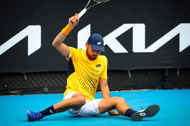 French Benjamin Bonzi ATP, Tennis Herren 65) pictured in action at a men s first round game between French Bonzi and German Gojowczyk at the Australian Open Grand Slam tennis tournament, Monday 17 January 2022 in Melbourne Park, Melbourne, Australia. The 2022 edition of the Australian Grand Slam takes place from January 17th to January 30th. PATRICKxHAMILTON  x3429016x