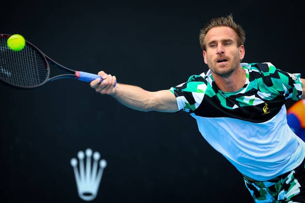 German Peter Gojowczyk ATP, Tennis Herren 87) pictured in action at a men s first round game between French Bonzi and German Gojowczyk at the Australian Open Grand Slam tennis tournament, Monday 17 January 2022 in Melbourne Park, Melbourne, Australia. The 2022 edition of the Australian Grand Slam takes place from January 17th to January 30th. PATRICKxHAMILTON  x3429057x