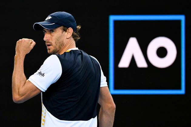 TENNIS AUSTRALIAN OPEN, John Millman of Australia reacts after winning the second set during his first Round Men s singles match against Feliciano Lopez of Spain on Day 1 of the Australian Open, at Melbourne Park, in Melbourne, Monday, January 17, 2022. ( NO ARCHIVING, EDITORIAL USE ONLY, NO USE IN BOOKS WITHOUT CONSENT MELBOURNE VIC AUSTRALIA  Copyright: xDEANxLEWINSx 20220117001614163411
