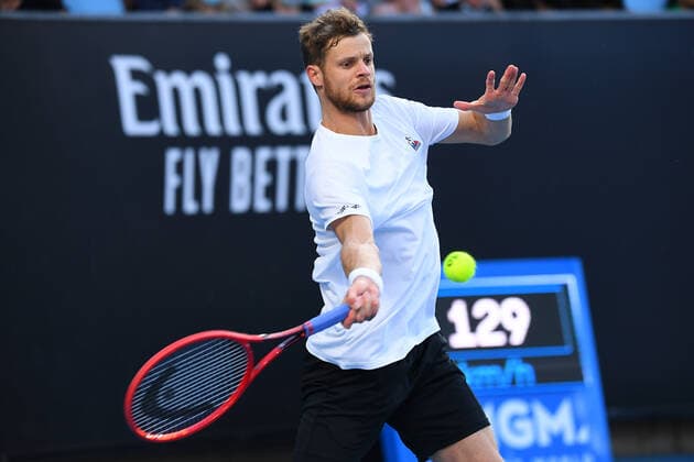 Yannick Hanfmann of Germany in action during their Mens singles match against Thanasi Kokkinakis of Australia on Day 1 of the Australian Open tennis tournament, at Melbourne Park, in Melbourne, Monday, January 17, 2022. (AAP Image James Ross) NO ARCHIVING MELBOURNE AUSTRALIA - ZUMALIAN 0147970226st Copyright: xJAMESxROSSx