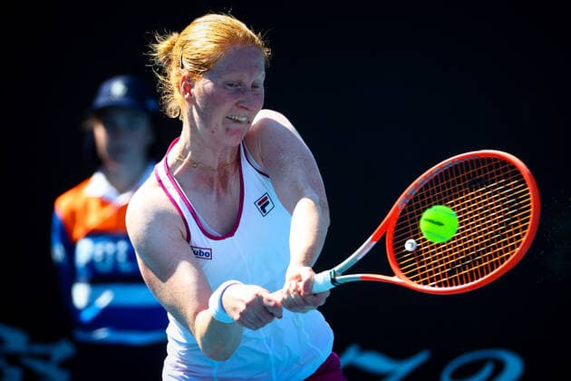 Belgian Alison Van Uytvanck pictured in action during a tennis match between Belgian Van Uytvanck and Spanish Bucsa, in the first round of the women s singles at the Australian Open Grand Slam tennis tournament, Monday 17 January 2022 in Melbourne Park, Melbourne, Australia. Van Uytvanck won the game 6-3 6-4. The 2022 edition of the Australian Grand Slam takes place from January 17th to January 30th. PATRICKxHAMILTON  x3443463x