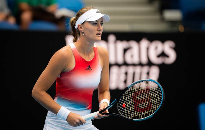 January 17, 2022, MELBOURNE, AUSTRALIA: Kristina Mladenovic of France in action during the first round of the 2022 Australian Open Grand Slam tennis tournament against Belinda Bencic of Switzerland MELBOURNE AUSTRALIA - ZUMAa181 20220117_zaa_a181_005 Copyright: xRobxPrangex