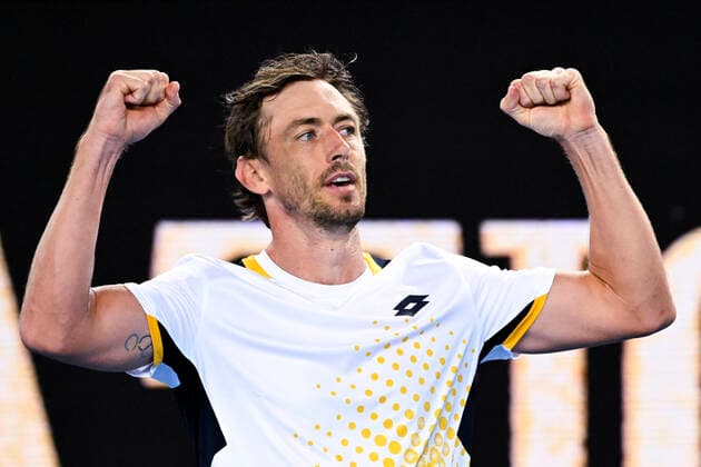 TENNIS AUSTRALIAN OPEN, John Millman of Australia celebrates after winning his first Round Men s singles match against Feliciano Lopez of Spain on Day 1 of the Australian Open, at Melbourne Park, in Melbourne, Monday, January 17, 2022. ( NO ARCHIVING, EDITORIAL USE ONLY, NO USE IN BOOKS WITHOUT CONSENT MELBOURNE VIC AUSTRALIA  Copyright: xDEANxLEWINSx 20220117001614185903